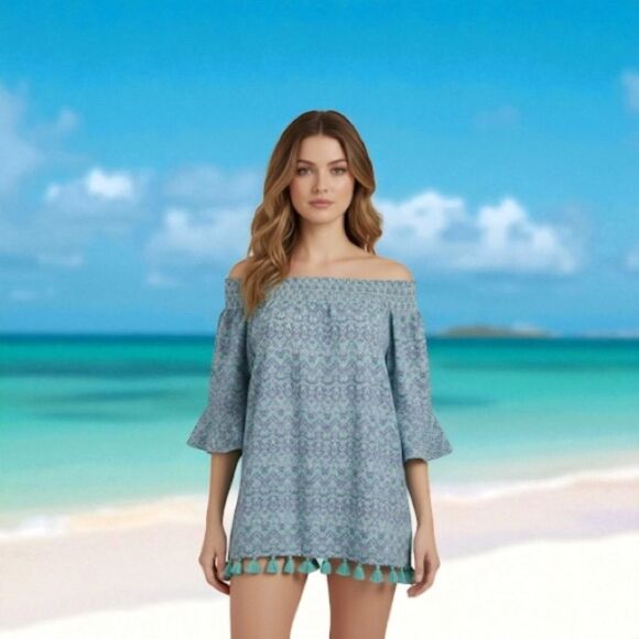 Cabana Life Blue and Green Off-shoulder Top with Tassel Hem - Picture 10 of 10